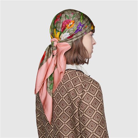 GG Flora print silk scarf in pink .